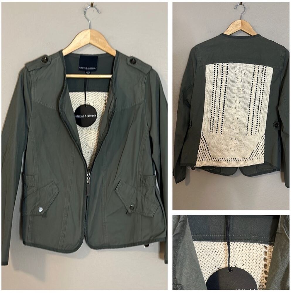 Harlowe & Graham Crochet Panel Army Green Lightweight Jacket Size Large NWT